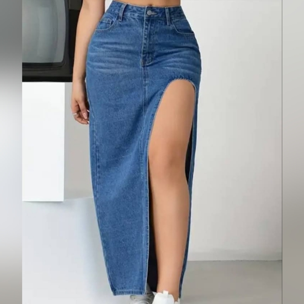 Women Blue Denim Slit Maxi Skirt